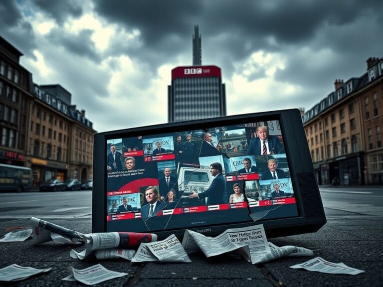 Flick International Shattered television screen symbolizing media controversy with BBC Broadcasting House in the background