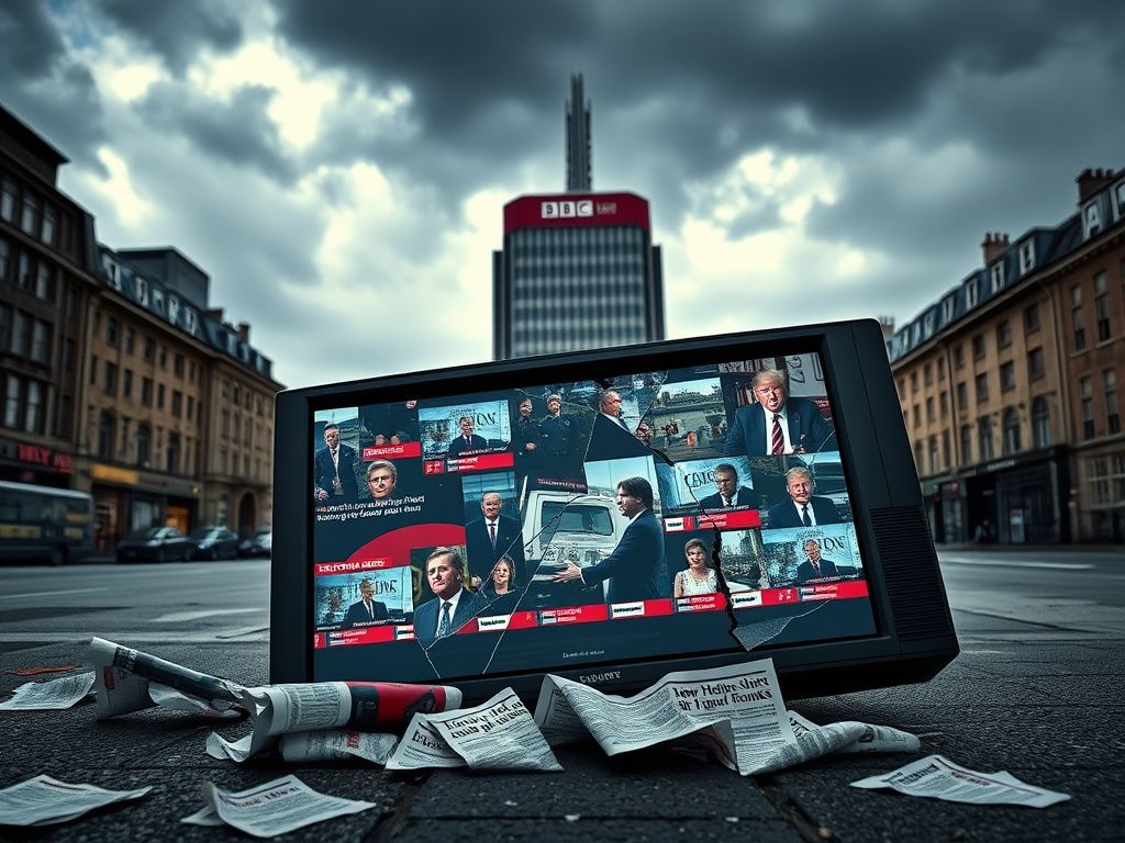 Flick International Shattered television screen symbolizing media controversy with BBC Broadcasting House in the background