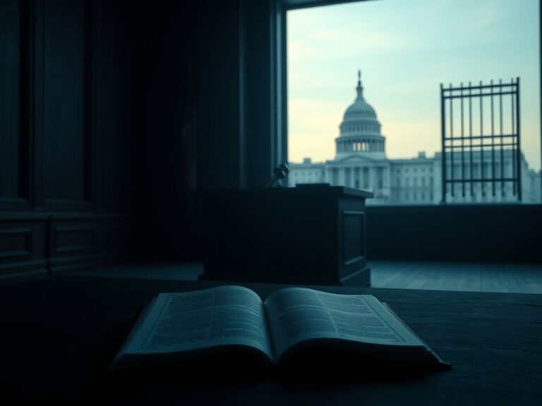 Flick International Dimly lit courtroom scene with an empty judge's bench and gavel, symbolizing justice.