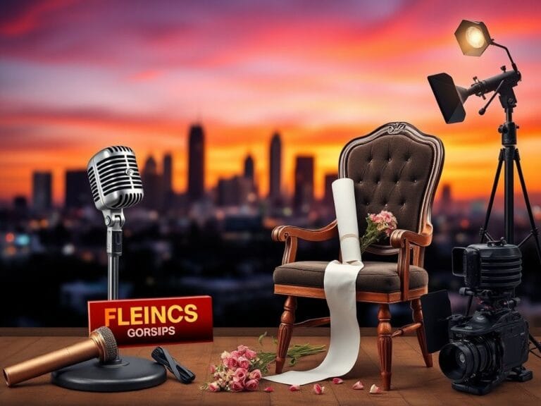Flick International Collage of Hollywood elements including a vintage microphone, film script, and a blurred Los Angeles skyline at sunset