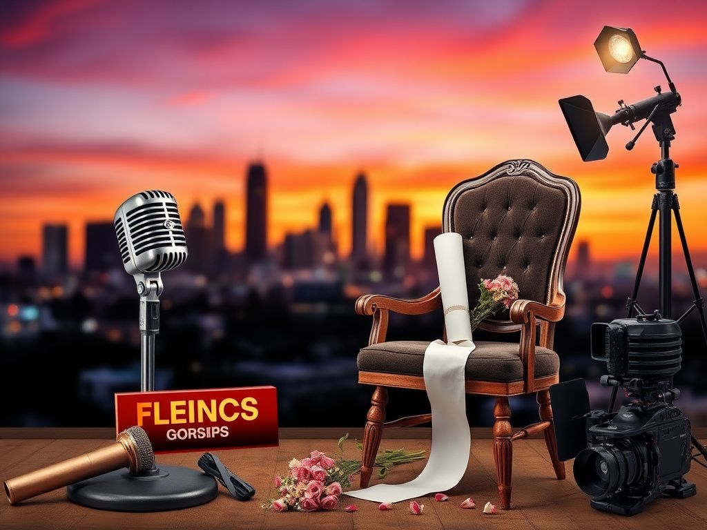 Flick International Collage of Hollywood elements including a vintage microphone, film script, and a blurred Los Angeles skyline at sunset