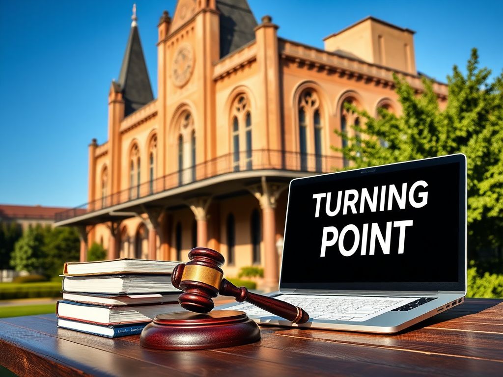 Flick International Exterior view of Loyola University New Orleans with gothic and modern architecture, legal books, and a gavel in the foreground.