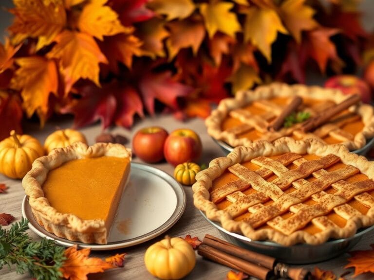 Flick International A beautifully arranged Thanksgiving dessert table featuring a pumpkin pie and apple pie