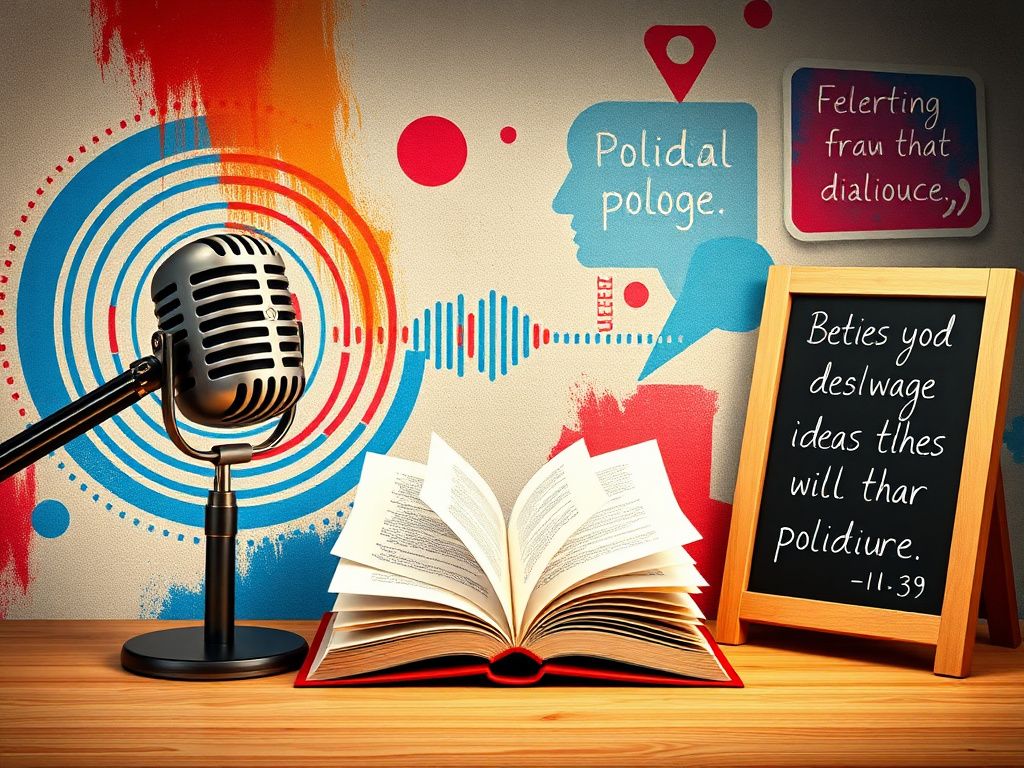 Flick International Abstract representation of a podcast studio filled with symbols of political discourse