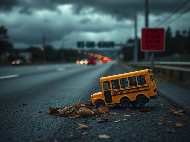 Flick International Abandoned roadway with a toy school bus lying on the asphalt.