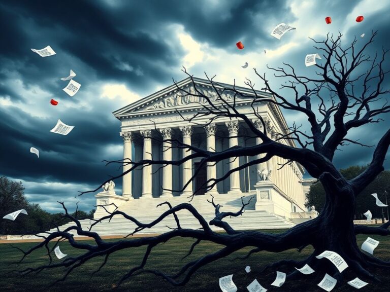 Flick International Dramatic representation of the United States Supreme Court building against a stormy sky, symbolizing political tension.
