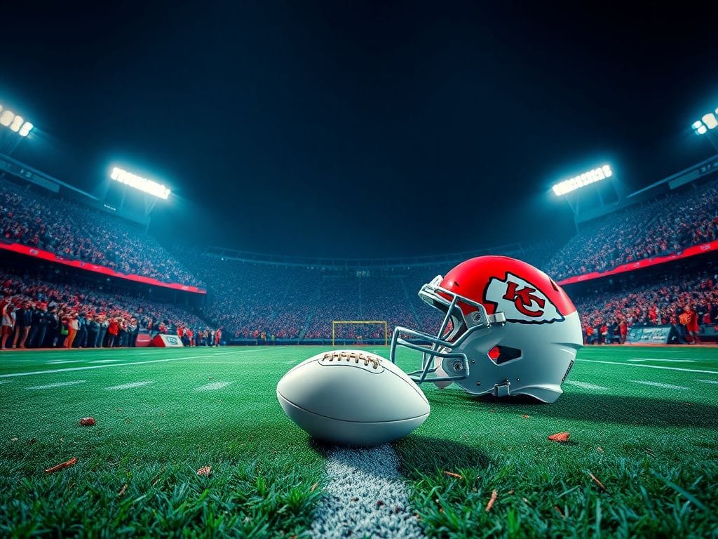 Flick International Kansas City Chiefs helmet on football field with turf scattered around