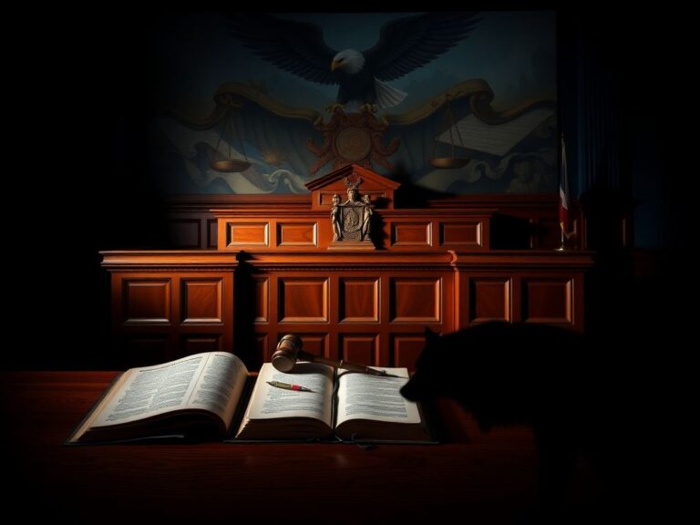 Flick International Dramatic courtroom scene with an ornate wooden judge's bench and a shadowy wolf silhouette