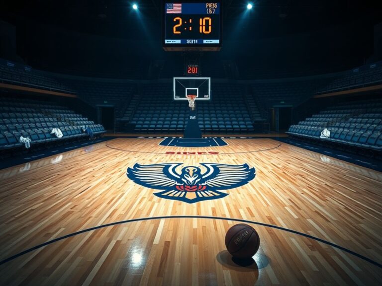 Flick International Dimly lit basketball court featuring the New Orleans Pelicans logo with empty bleachers and warm-up jerseys, reflecting the team's recent struggles.