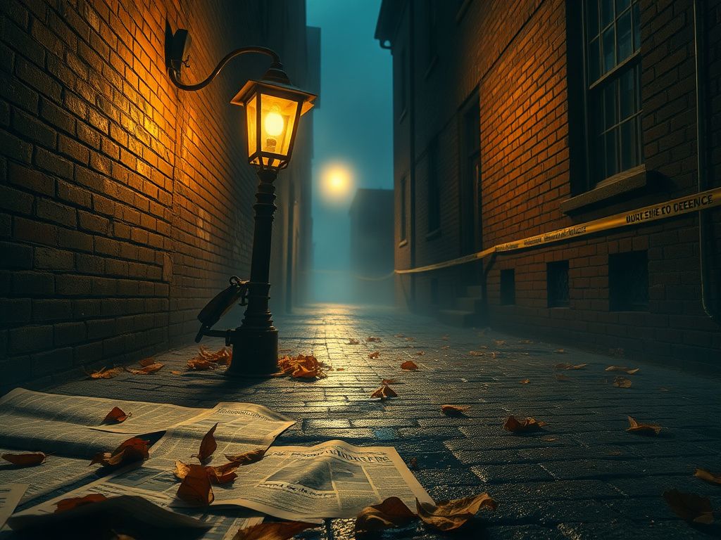 Flick International Atmospheric scene in a vintage Boston alleyway featuring a rusted street lamp and newspaper clippings about the Boston Strangler