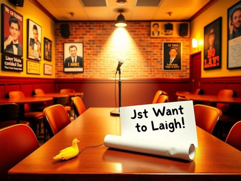 Flick International Vibrant comedy club interior with a spotlight on a microphone stand, surrounded by empty chairs and tables