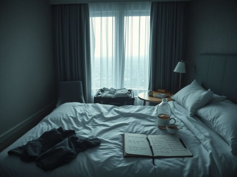 Flick International Dimly lit hotel room depicting Jelly Roll's emotional struggle during foreign tour