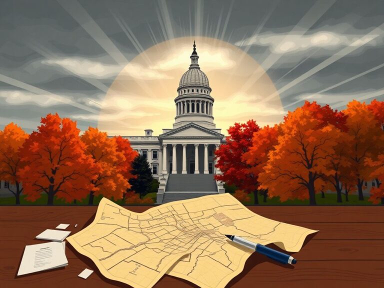Flick International Illustration of the Indiana State Capitol building with autumn trees and a crumpled redistricting map