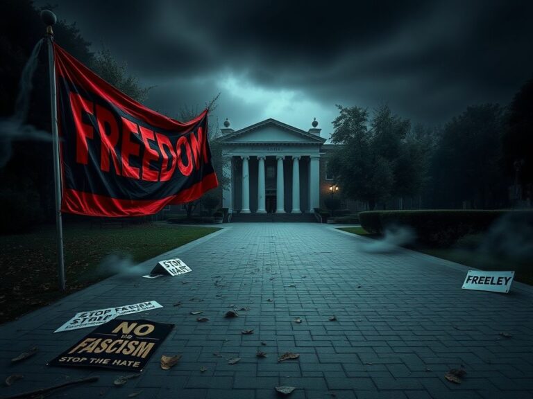 Flick International Vibrant red and black banner reading 'FREEDOM' blowing in the wind outside Zellerbach Hall at UC Berkeley