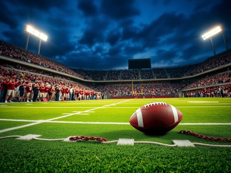 Flick International A dramatic scene of a vibrant football field with a football on the turf and fans cheering in the stands