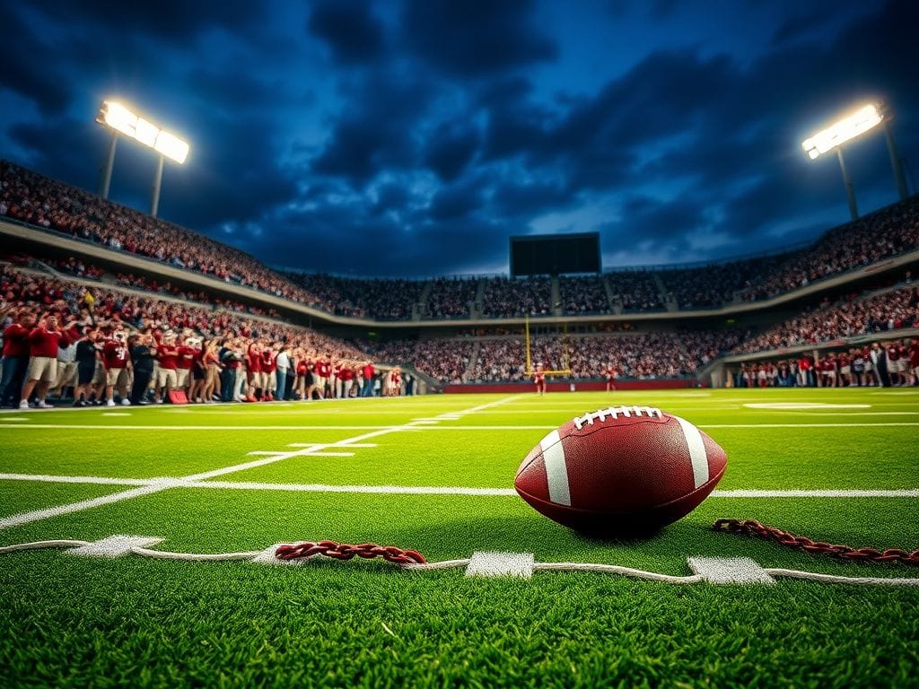 Flick International A dramatic scene of a vibrant football field with a football on the turf and fans cheering in the stands