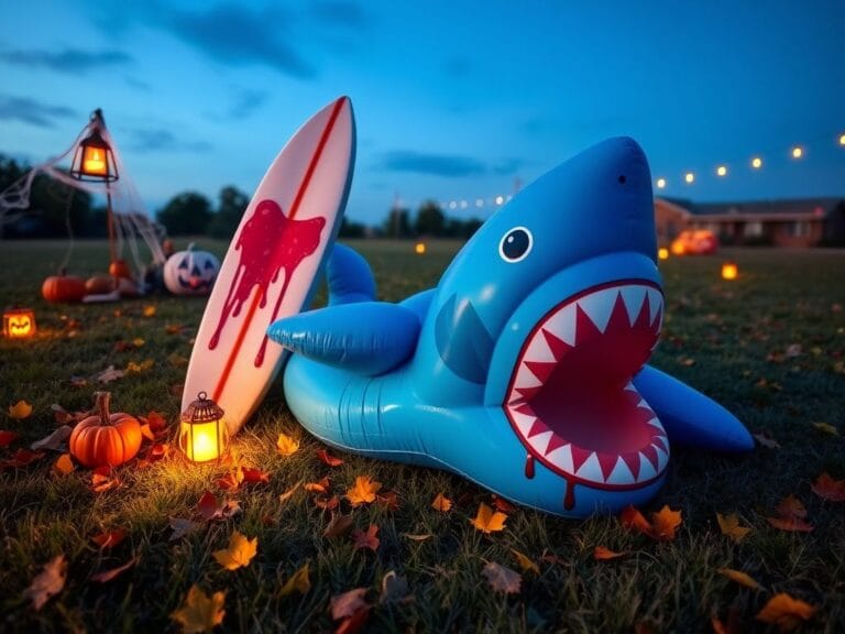Flick International Inflatable blue shark costume in a vibrant Halloween scene