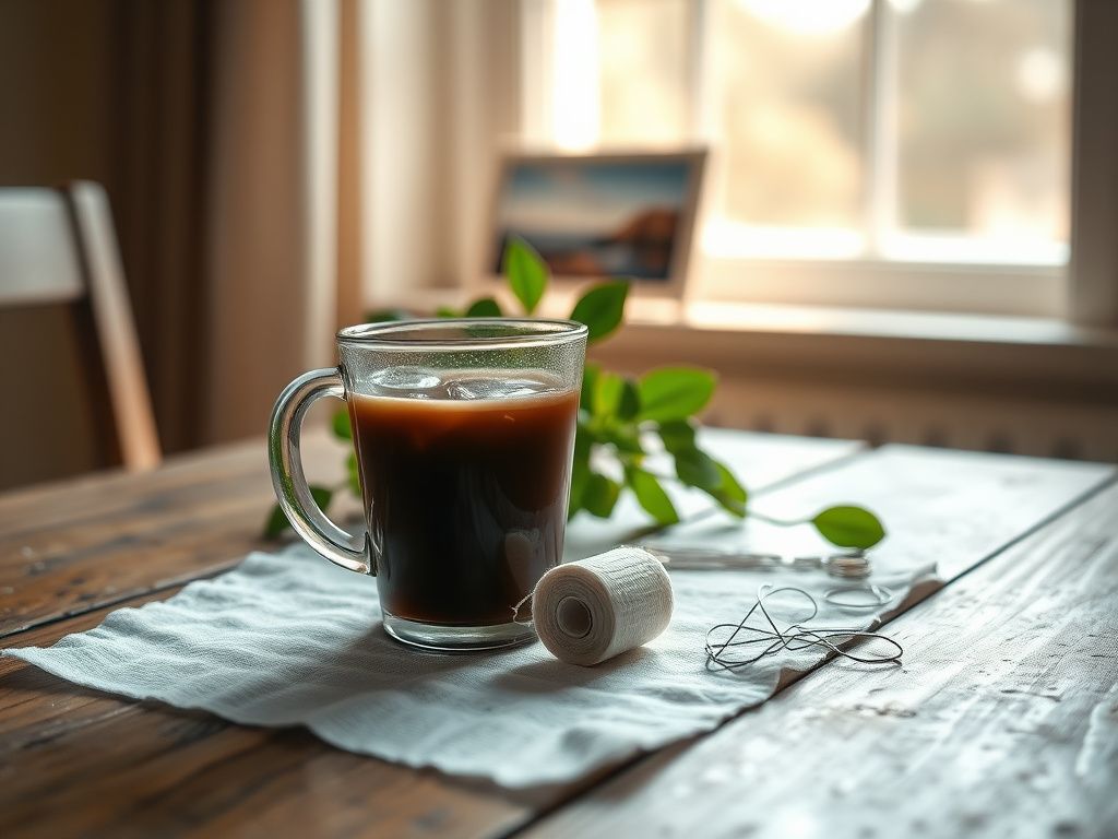 Flick International Close-up of a weathered wooden table with iced coffee and medical stitching supplies symbolizing recovery