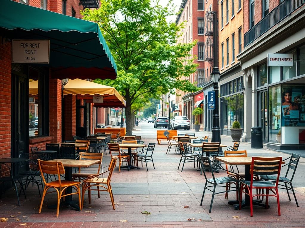 Flick International Vibrant street scene with empty outdoor dining areas and colorful canopies