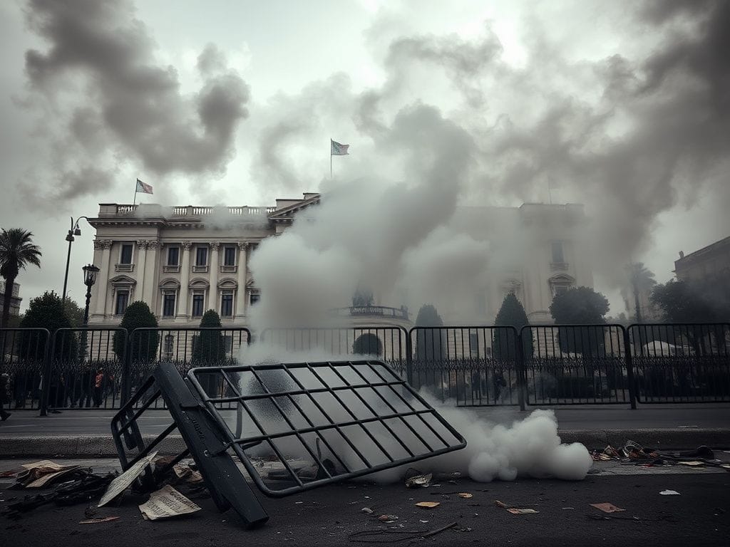 Flick International Protesters clashing with police outside Mexico's National Palace, with tear gas in the air