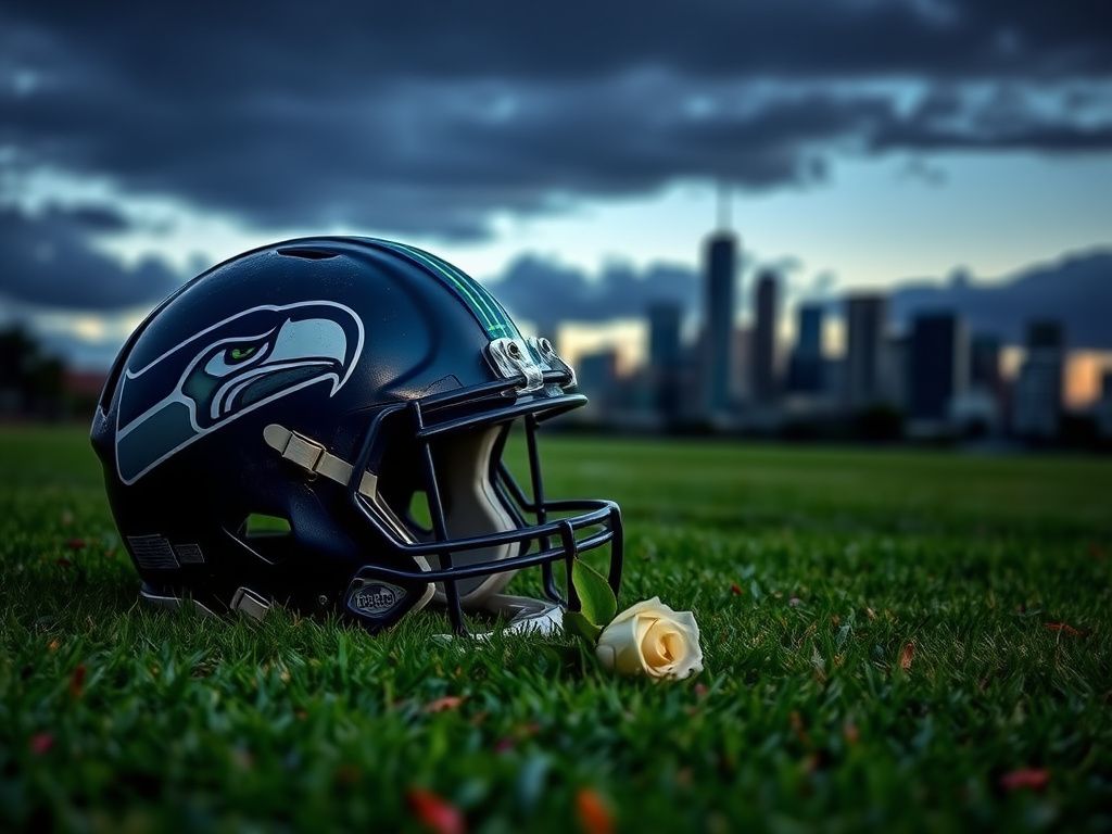 Flick International Seattle Seahawks football helmet on grass field with Seattle skyline in background