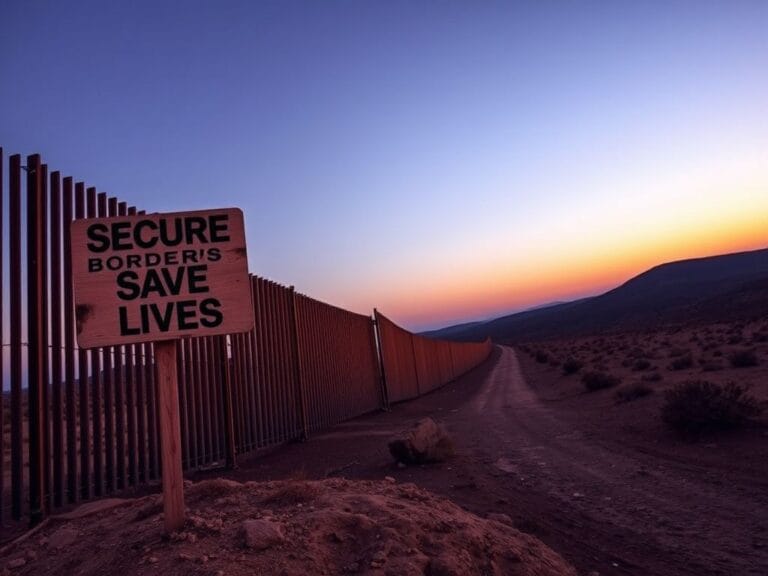 Flick International A dramatic sunset over the U.S.-Mexico border, showcasing a reinforced border wall and a weathered signpost emphasizing the importance of secure borders.