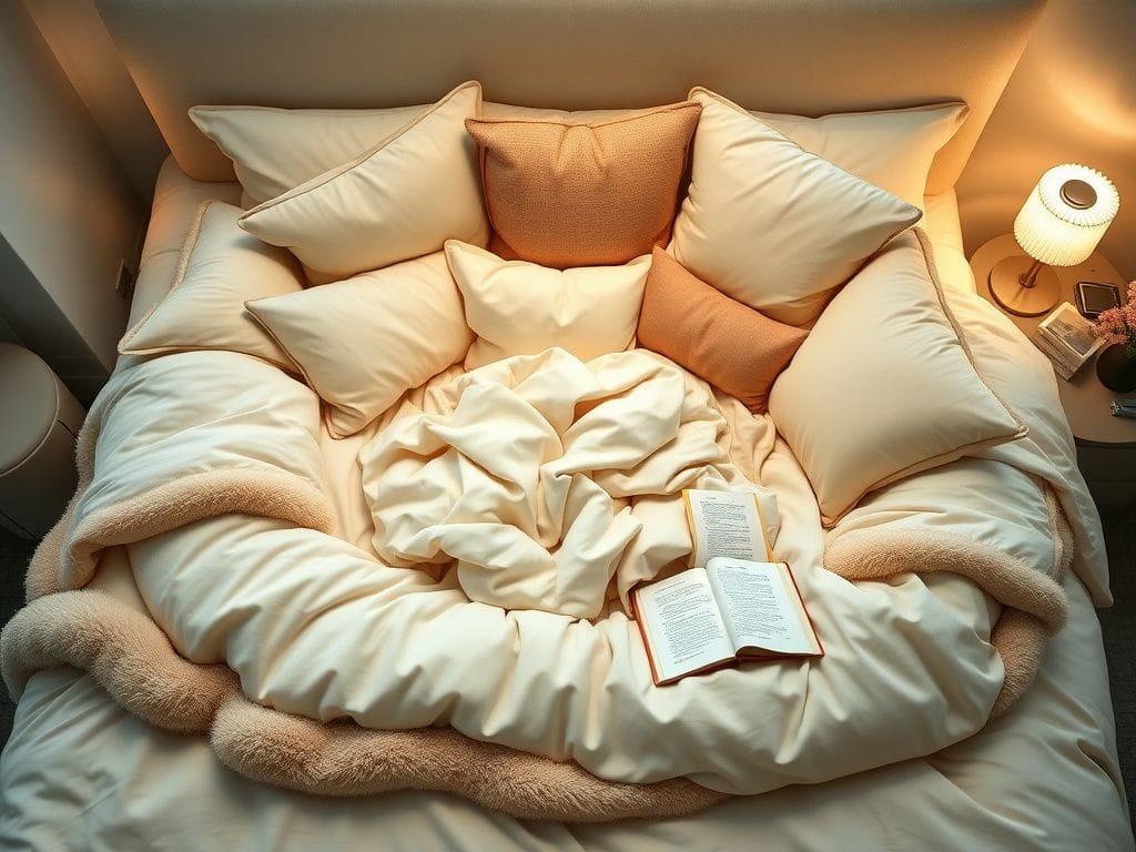 Flick International Cozy bedroom scene showcasing the viral 'potato bed' trend with fluffy pillows and blankets