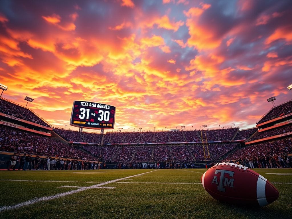 Flick International A vibrant football field at sunset showcasing Texas A&M's historic comeback.
