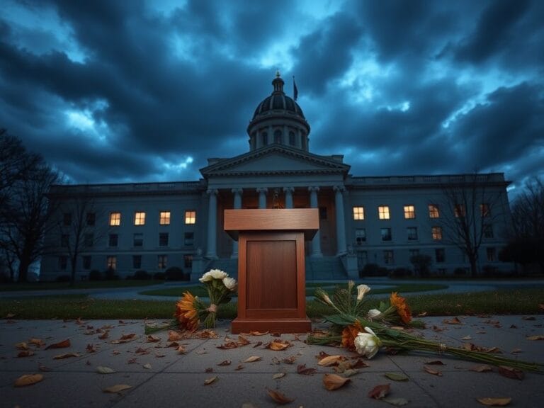 Flick International A somber scene of the North Carolina state legislative building at dusk with an empty podium and wilted flowers