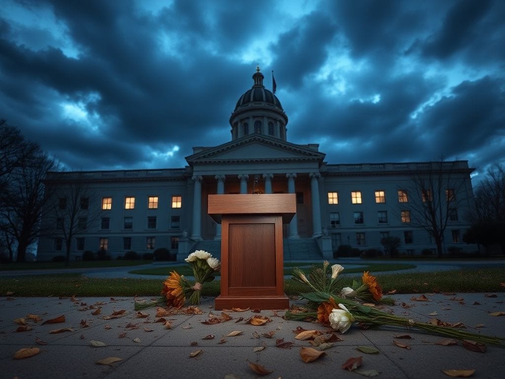 Flick International A somber scene of the North Carolina state legislative building at dusk with an empty podium and wilted flowers
