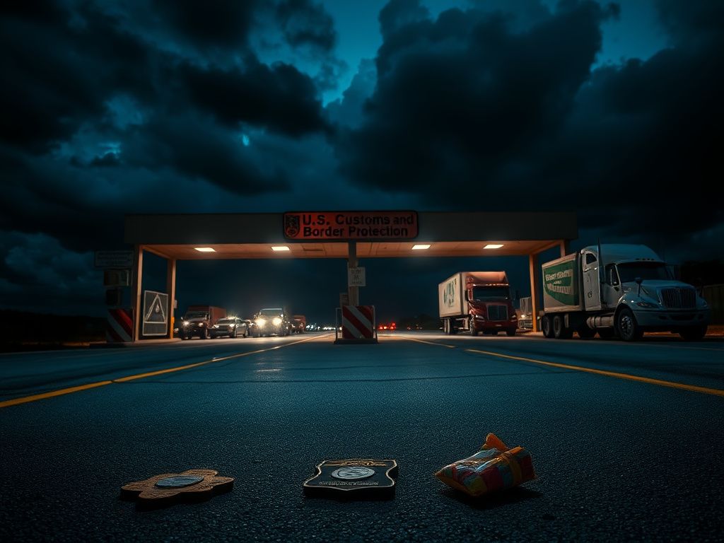 Flick International A dimly lit border inspection station at night with a weathered U.S. Customs and Border Protection sign