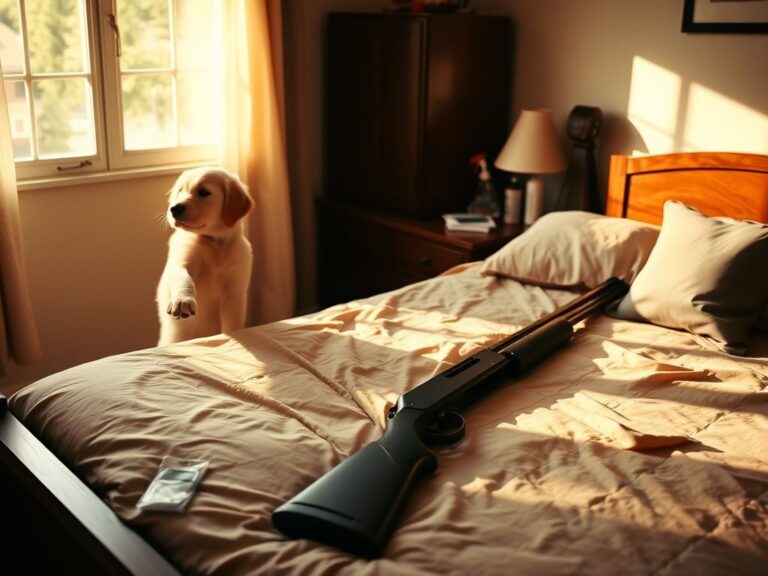 Flick International Cozy bedroom scene with a golden retriever puppy and a shotgun on the bed during a gun cleaning incident