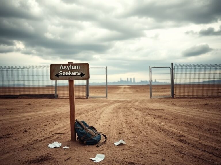 Flick International A desolate landscape showing an empty border crossing with a signpost labeled 'Asylum Seekers'.
