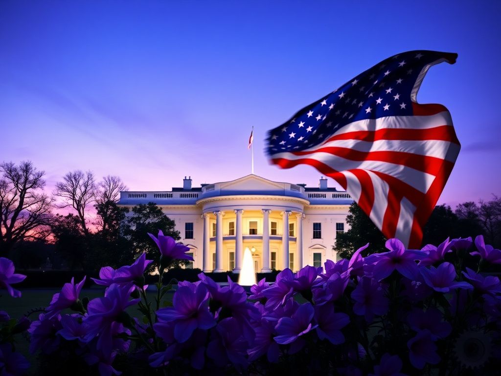 Flick International Abstract representation of the White House draped in an American flag, symbolizing national readiness for female leadership