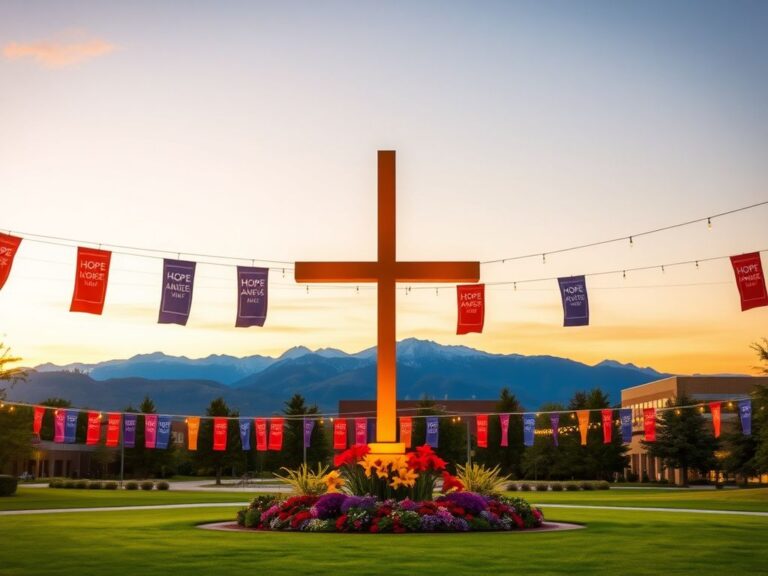 Flick International Serene campus setting at Utah Valley University during golden hour with illuminated cross and colorful banners.