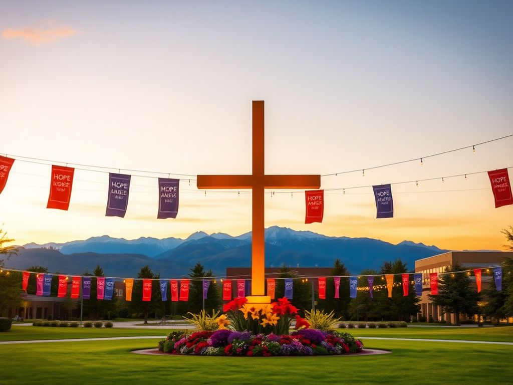 Flick International Serene campus setting at Utah Valley University during golden hour with illuminated cross and colorful banners.