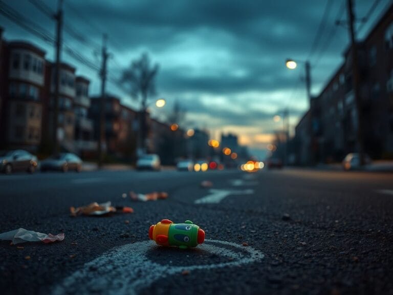 Flick International A child's toy resting on a somber city street in Newark, symbolizing the loss of a 10-year-old boy in a recent shooting incident.