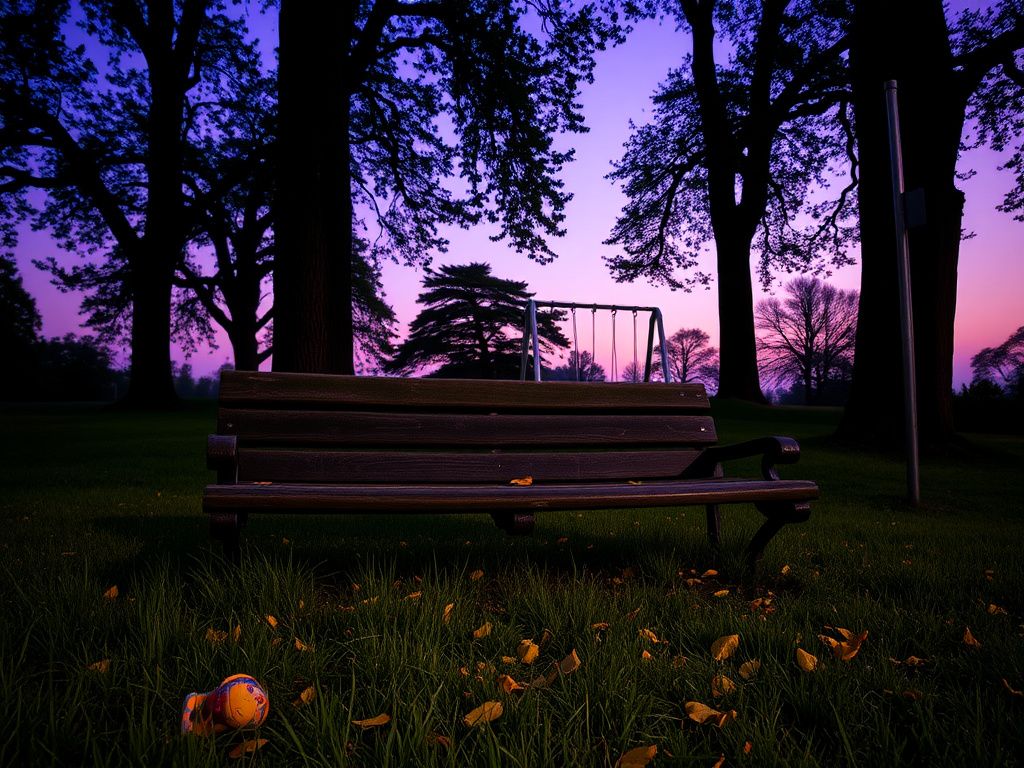 Flick International A serene park scene at dusk with a weathered wooden bench and a forgotten child's toy symbolizing lost dreams