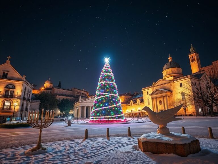 Flick International Manger Square in Bethlehem adorned with colorful Christmas lights