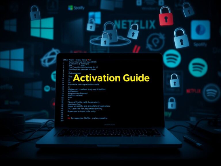 Flick International Dark-themed digital workspace with a misleading laptop activation guide and floating PowerShell commands representing cybersecurity threats