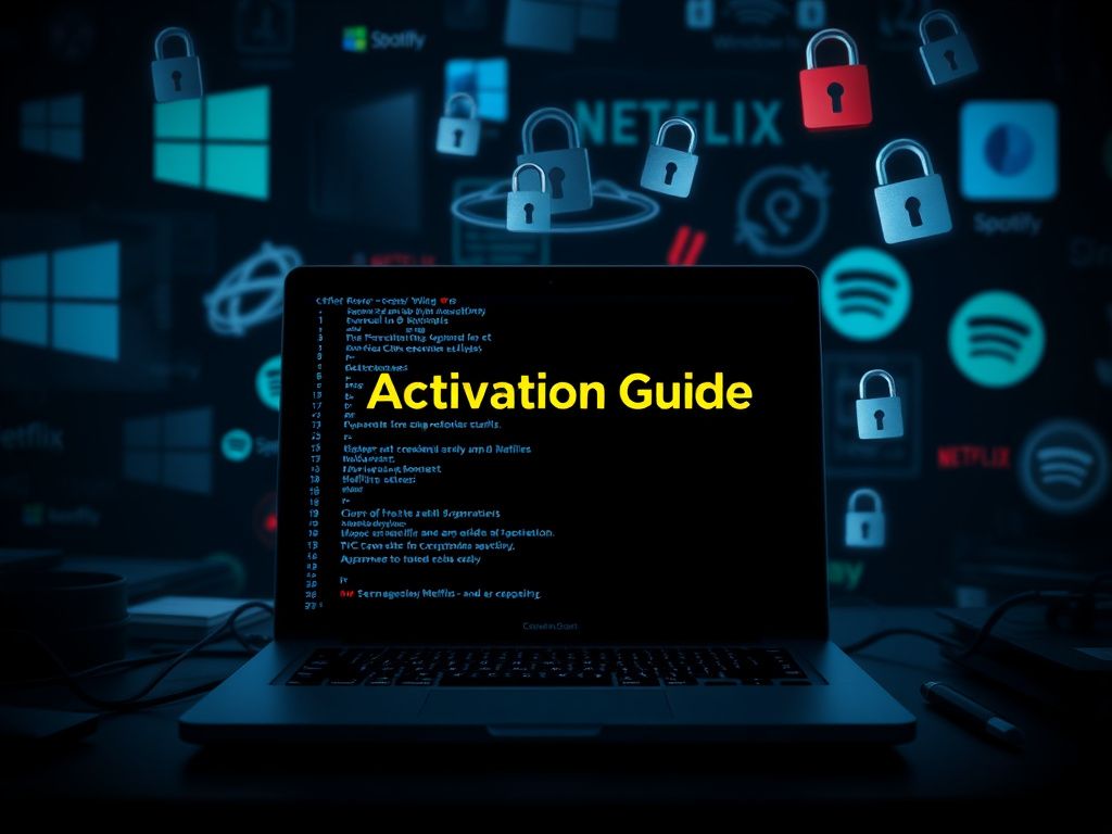 Flick International Dark-themed digital workspace with a misleading laptop activation guide and floating PowerShell commands representing cybersecurity threats