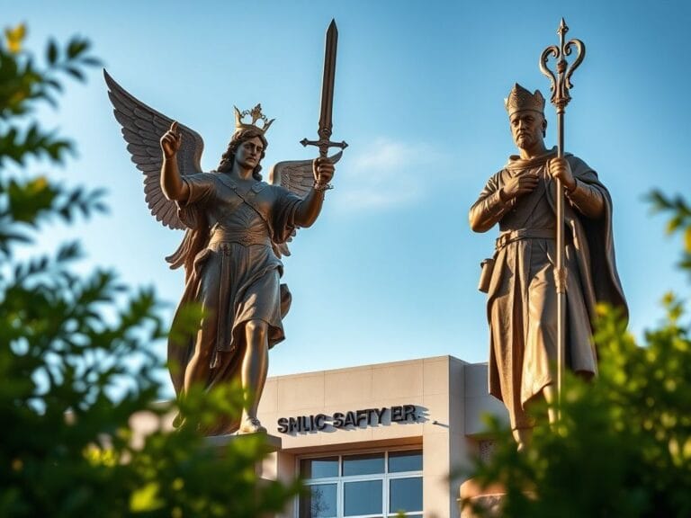 Flick International 10-foot bronze statues of Saint Michael and Saint Florian outside a modern public safety building