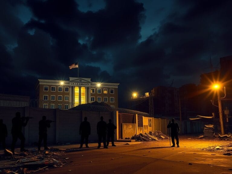 Flick International Nighttime scene in Port-au-Prince depicting U.S. Embassy security amidst gang violence threats