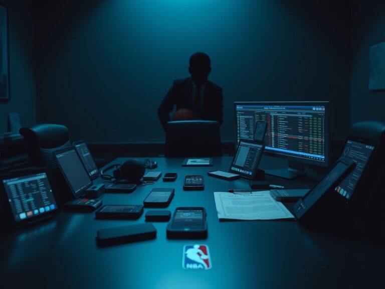 Flick International A dimly lit office featuring smartphones and computer devices related to sports betting.