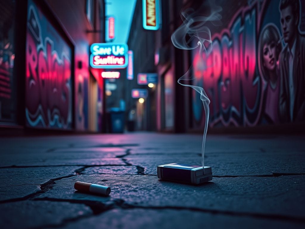 Flick International Abandoned cigarette pack on a cracked sidewalk in urban twilight