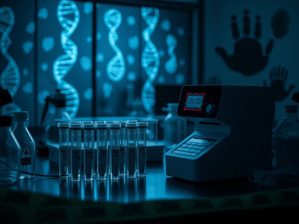 Flick International Forensic lab workspace with DNA testing equipment and sample vials
