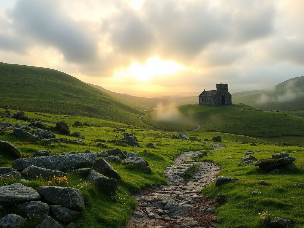 Flick International Serene Irish landscape depicting lush green hills and ancient stone structures