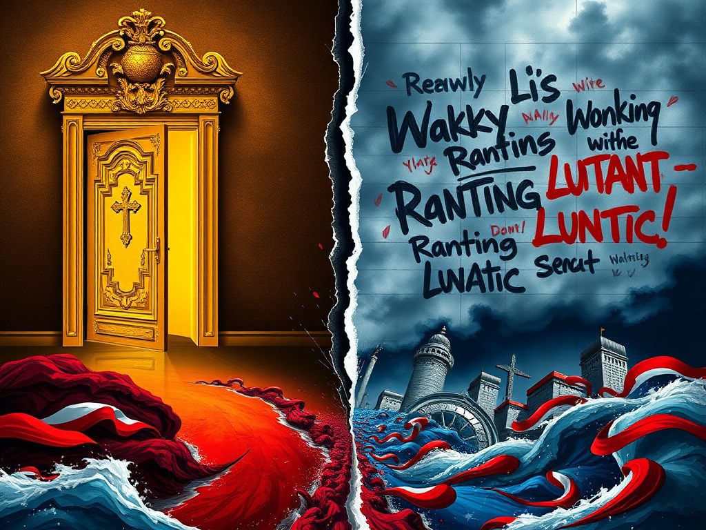 Flick International Abstract representation of a rift between Marjorie Taylor Greene and Donald Trump, featuring symbolic elements of hope and conflict.