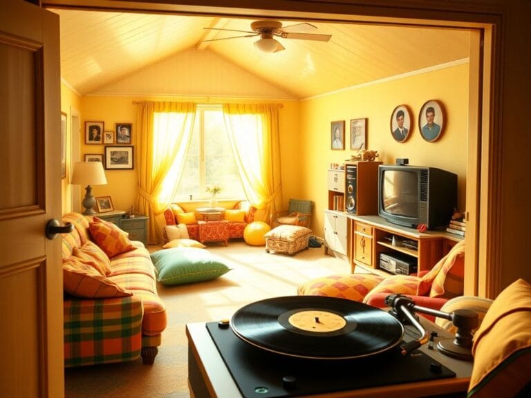 Flick International A nostalgic 1970s living room scene reminiscent of 'The Brady Bunch' set with colorful decor.