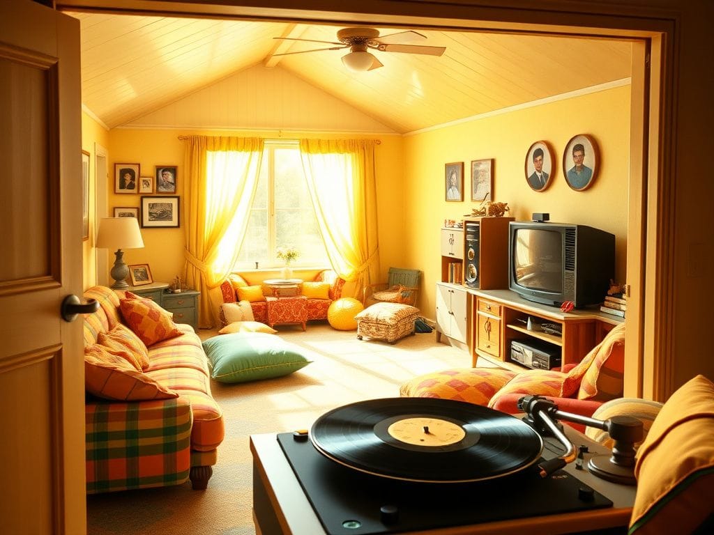 Flick International A nostalgic 1970s living room scene reminiscent of 'The Brady Bunch' set with colorful decor.